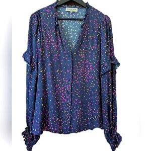Hale Bob Blue Purple Silk Blend Blouse Hearts Long Sleeve Buttons Medium (Large)